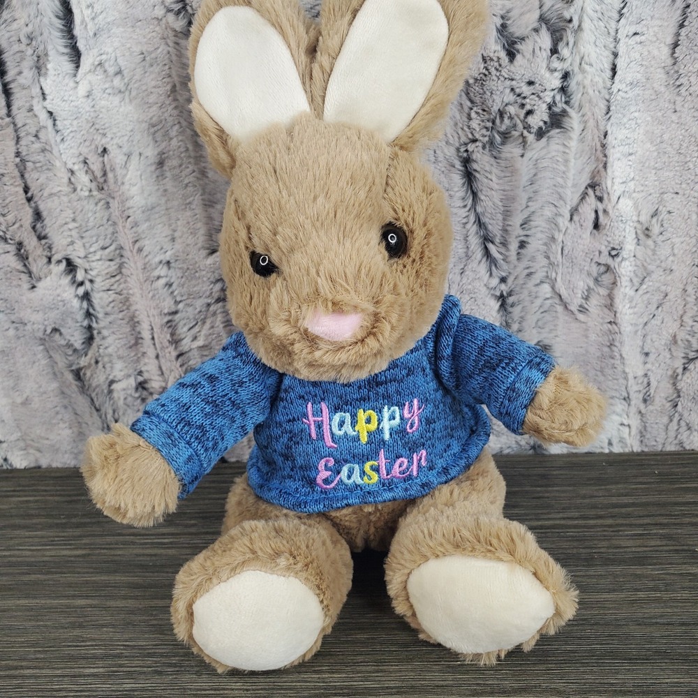 GOFFA Spring Bunny Rabbit with Happy Easter Embroidered Sweater Brown 10"